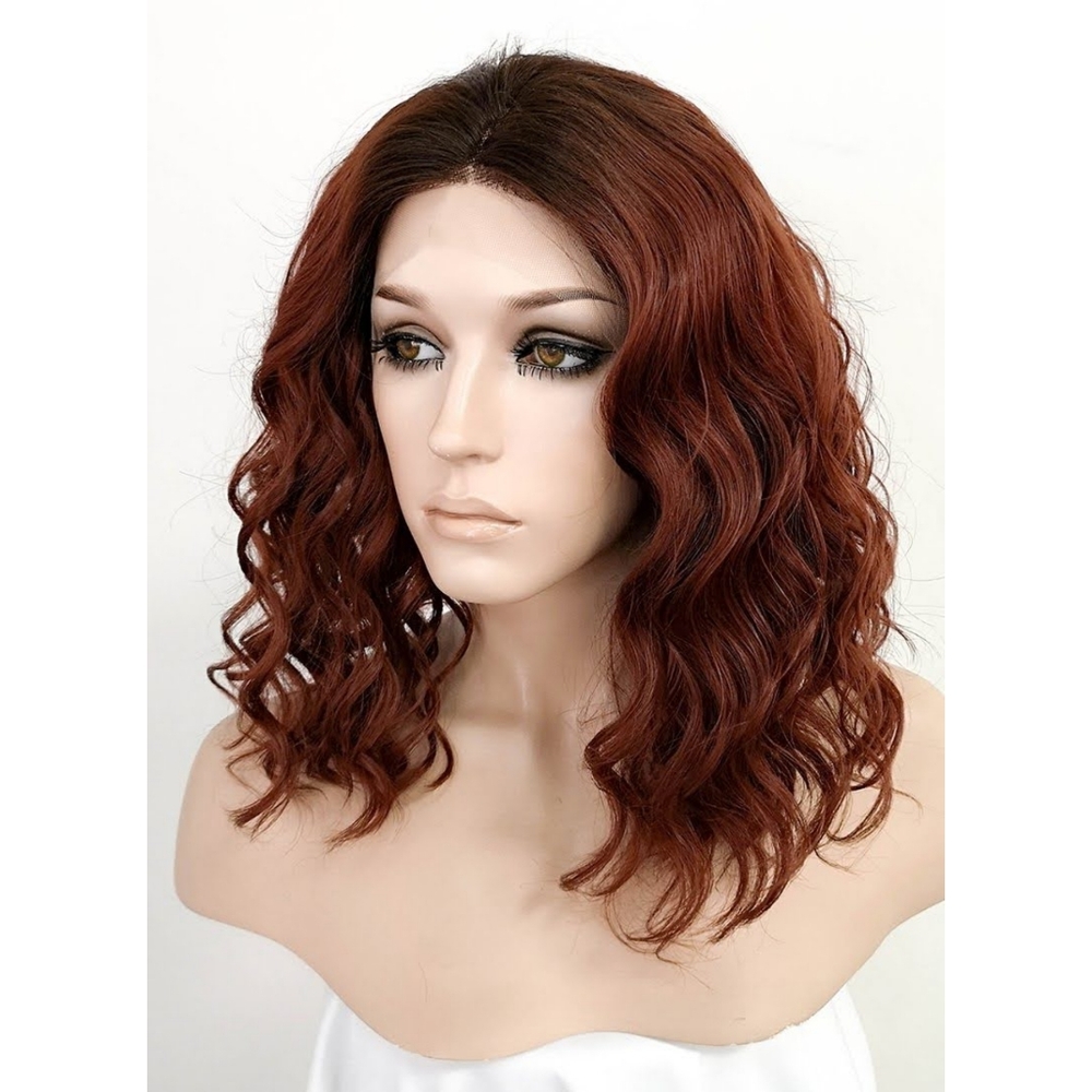 Auburn with Dark Roots Wavy Synthetic Wig